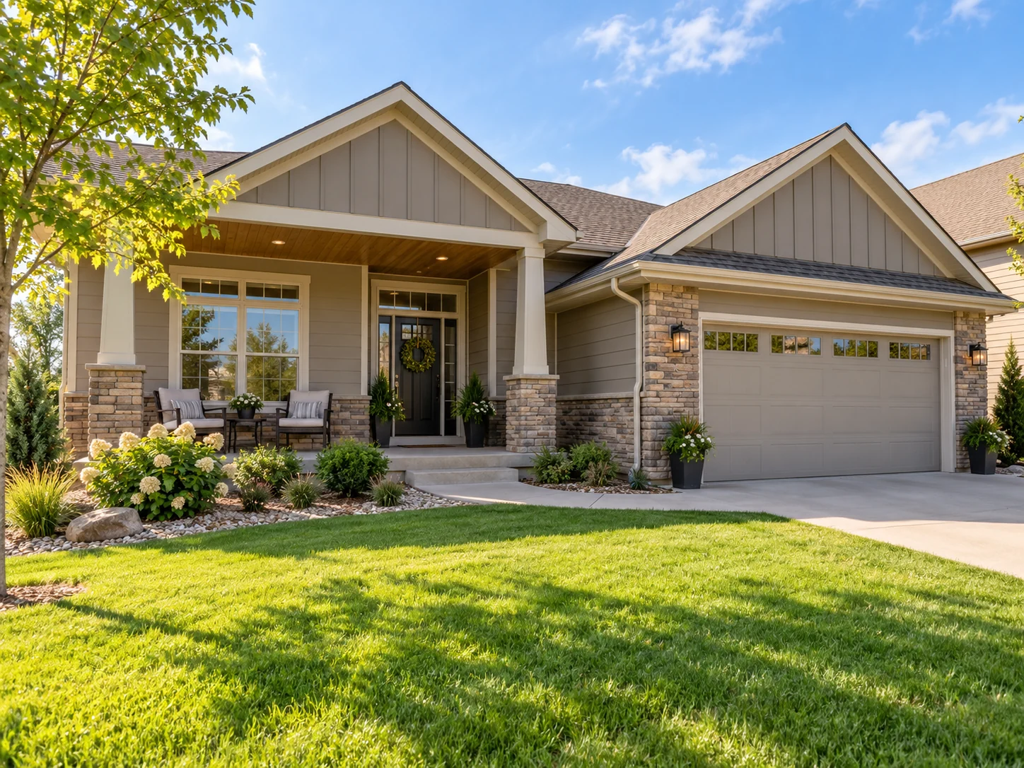 Welcoming home with a front porch and green lawn in daylight